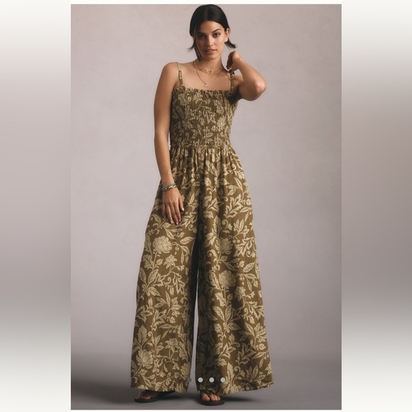 Anthropologie Pants - Anthropologie Pilcro Smocked Printed Linen Jumpsuit in Moss
